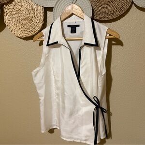 SilkLand Cream Sleeveless Wrap Blouse with Black Trim